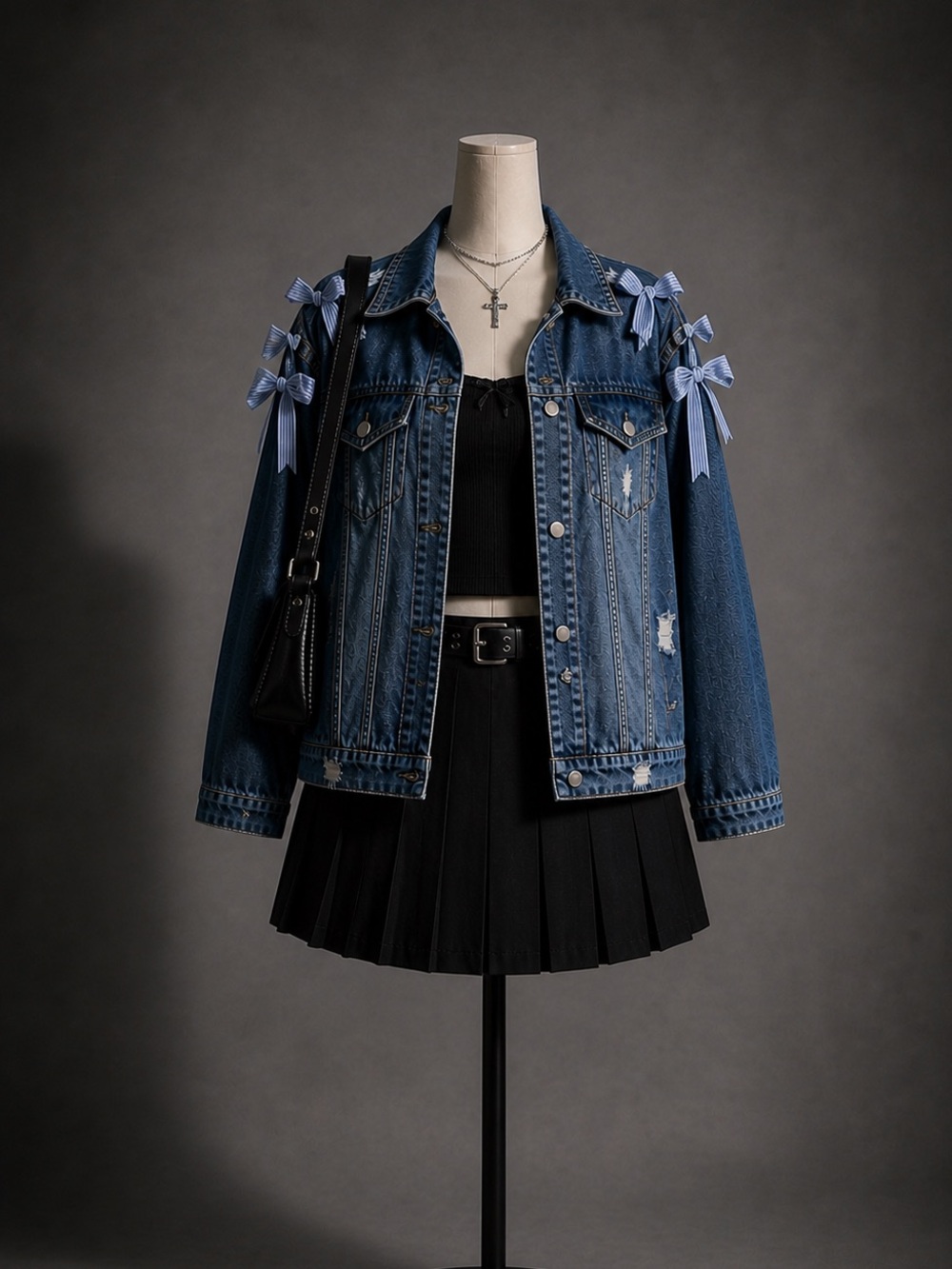 Revamped Dark Blue Jean Jacket with Light Blue Stripe Bows